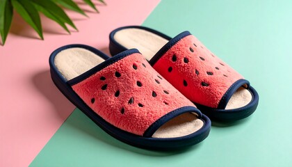 Pair of coral-pink fuzzy slides with a watermelon design