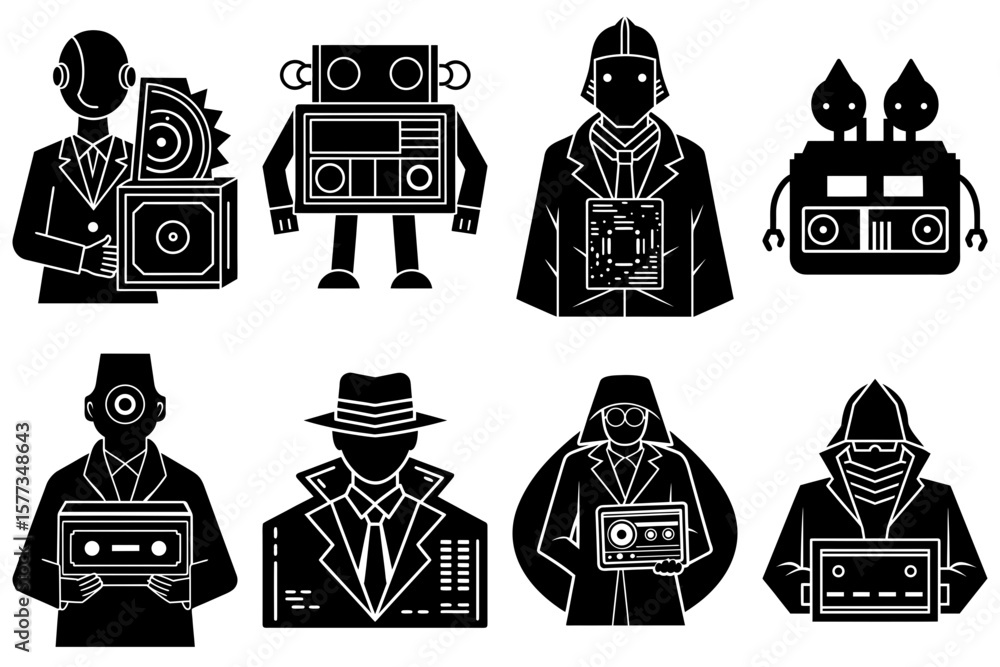 Poster collection of stylized figures featuring robots and people holding tech objects in black and white a