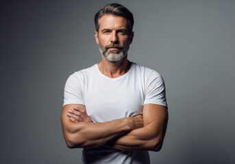 Fototapeta premium Man with graying hair and beard arms crossed wearing a white Tshirt against a gray backdrop