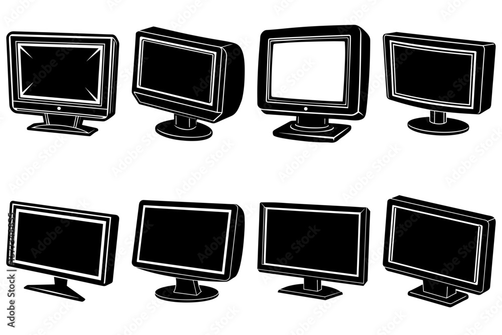 Poster illustration of eight computer monitors in various orientations and display configurations on a whit