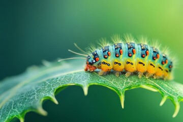 Vivid Caterpillar on a Leaf: Insect, Nature, Macro, Green, Colorful, Larva, Wildlife, Close-up, Leaf, Animal