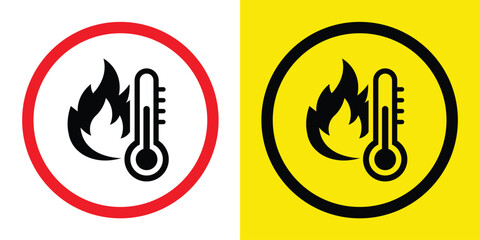 Two circular warning signs in red and yellow with thermometer and flame icons, symbolizing heat and fire hazard. Flat graphic design on white and yellow backgrounds. Simple and clear.