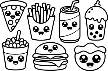Fast Food Vector Cute Kawaii  Line Art Icons Set