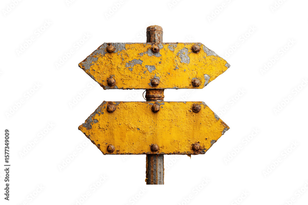 Poster yellow direction sign with peeling paint and rusty bolts points both ways on a rusty pole isolated o