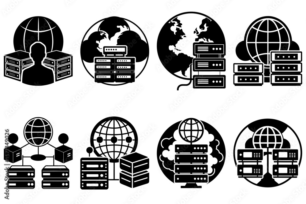 Poster collection of server and network icons representing global data communication and infrastructure ele