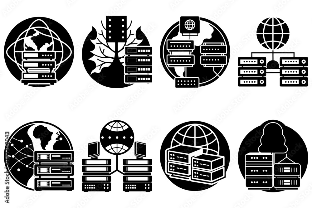Aufkleber illustration showing various server configurations with globes and network connections in black and 
