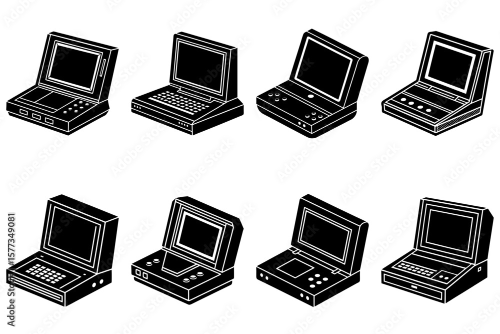 Aufkleber isometric view of eight retro portable computers in black and white vector illustration design art
