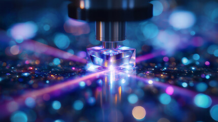 Close-up of a quantum photonics experiment with laser beams and prisms