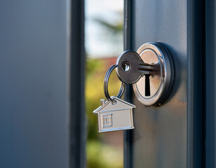 Close-Up of House Keychain in Keyhole Representing Security and Real Estate