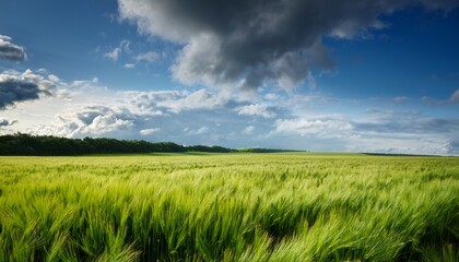 Fototapeta premium green wheat field and cloudy sky