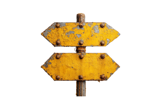 Yellow direction sign with peeling paint and rusty bolts points both ways on a rusty pole isolated on a transparent