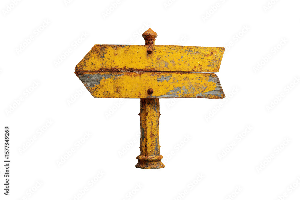 Poster rusty yellow wooden arrow sign points to the left mounted on a weathered pole set against a transpar