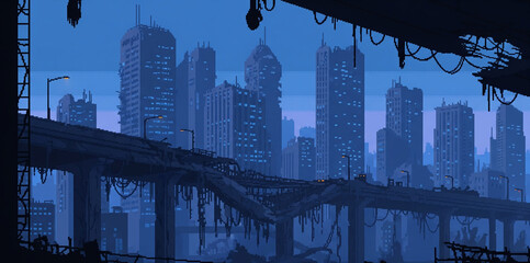 Post-apocalyptic Cityscape: Amidst ruins of civilization, this image captures a dystopian cityscape with dilapidated buildings.
