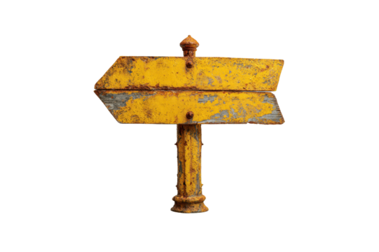 Rusty Yellow Wooden Arrow Sign Points To The Left Mounted On A Weathered Pole Set Against A Transparent Background Transparent