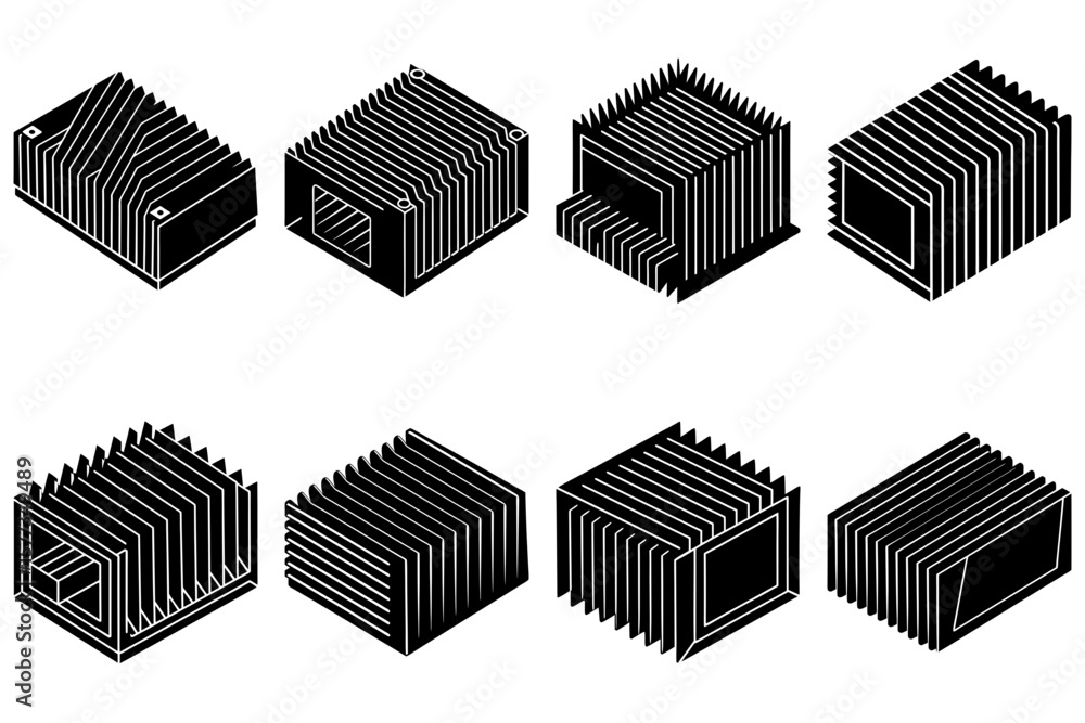 Poster isometric view of eight black corrugated boxes with different opening and closing styles on a white 