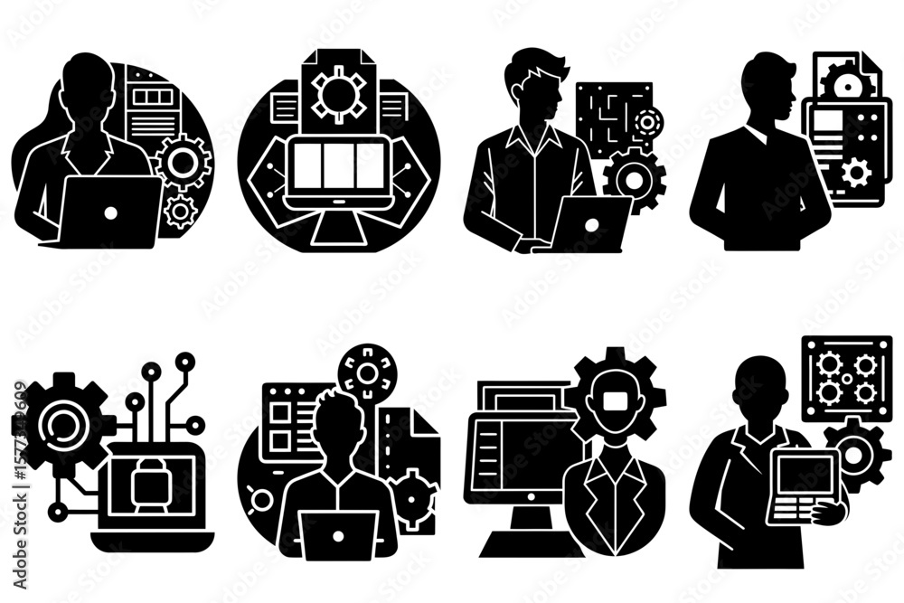 Poster illustrations of people working with technology like computers and gears in a black and white style