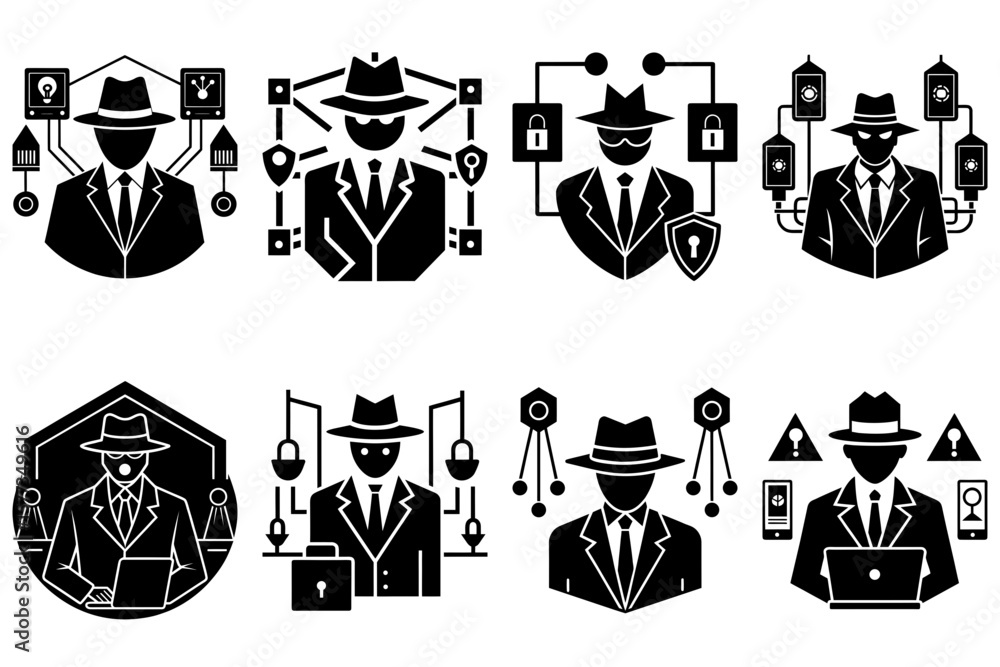 Poster collection of black and white icons featuring spies and security related symbols in various composit