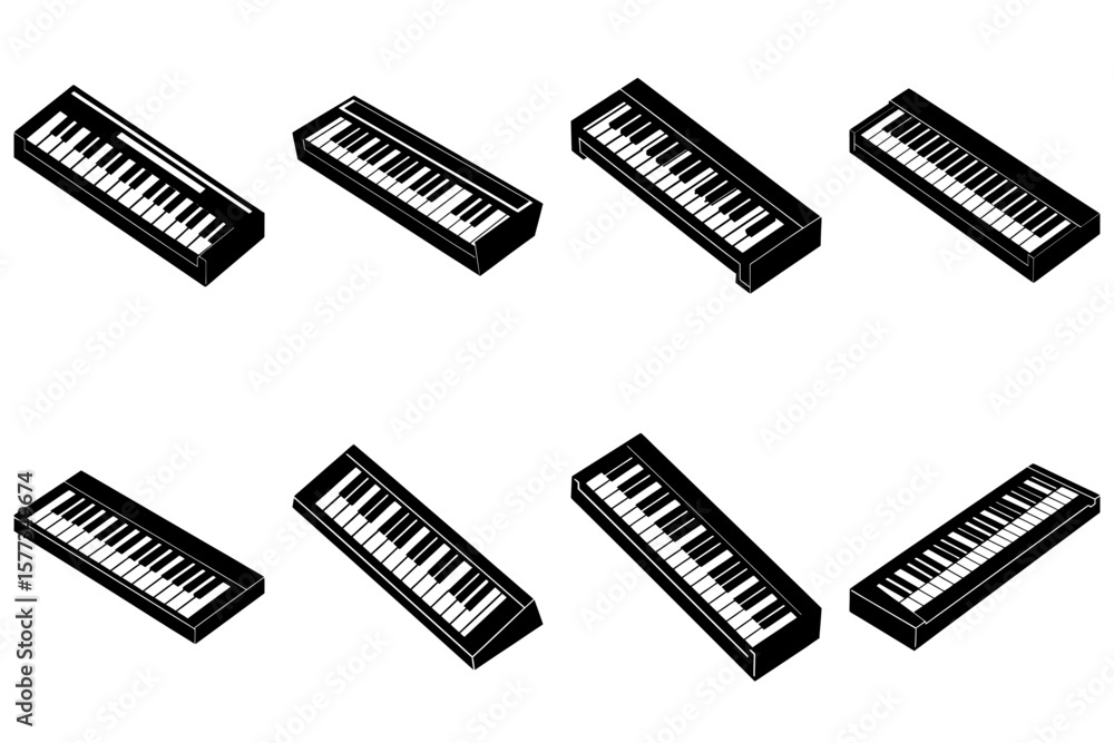 Poster isometric arrangement of eight black and white keyboard instruments on a white plain background
