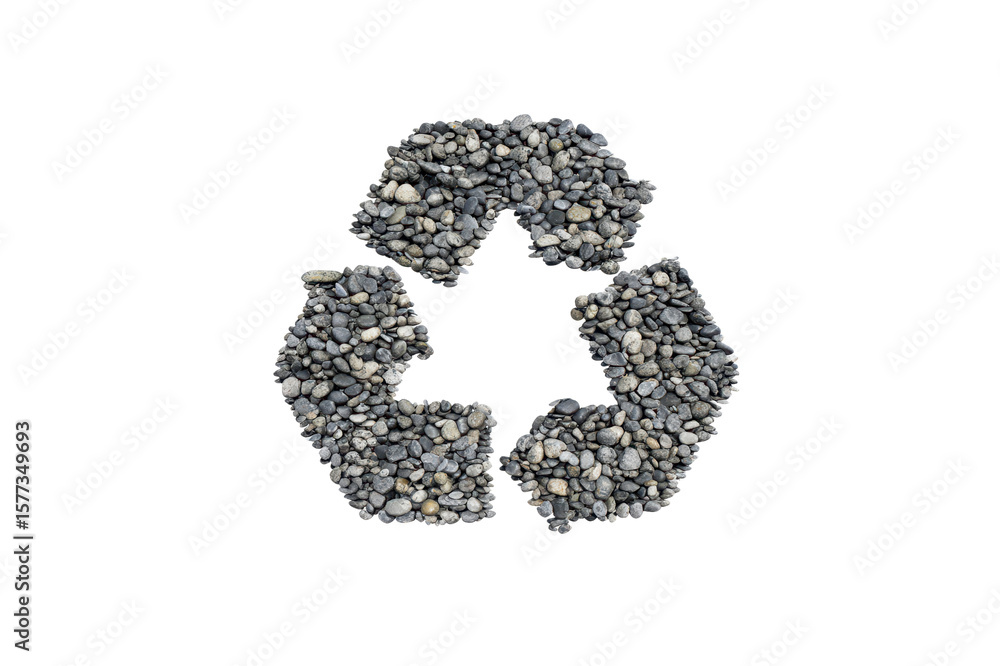 Poster recycle symbol formed from grey pebbles on a plain transparent background transparent background