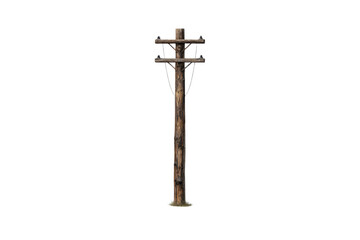 Isolated old wooden utility pole with electric insulators on transparent background
