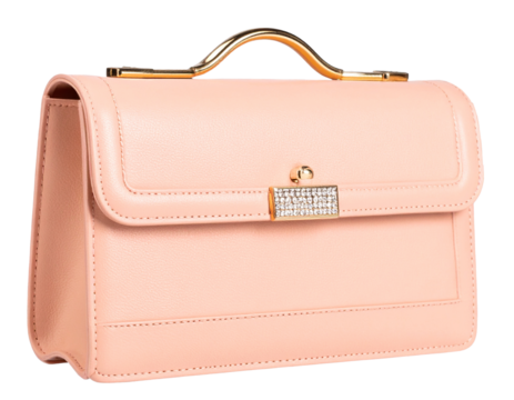 High-angle image of a stylish peach clutch purse with a sleek gold curved handle