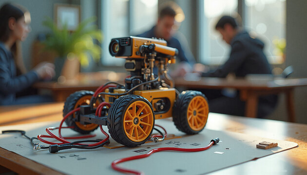 Robotic car prototype with wires in modern workspace
