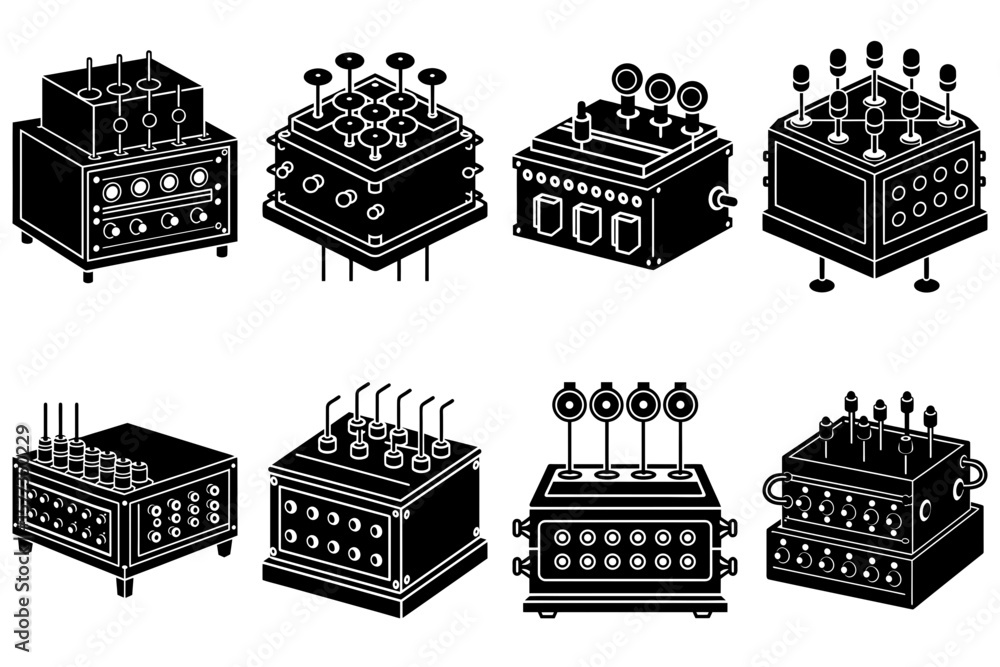 Poster isometric vector illustration of eight black control boxes with buttons and switches on a white back