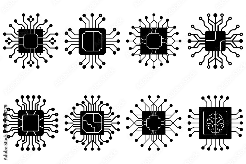 Aufkleber collection of eight black and white cpu chip icons with various internal designs and circuit connect