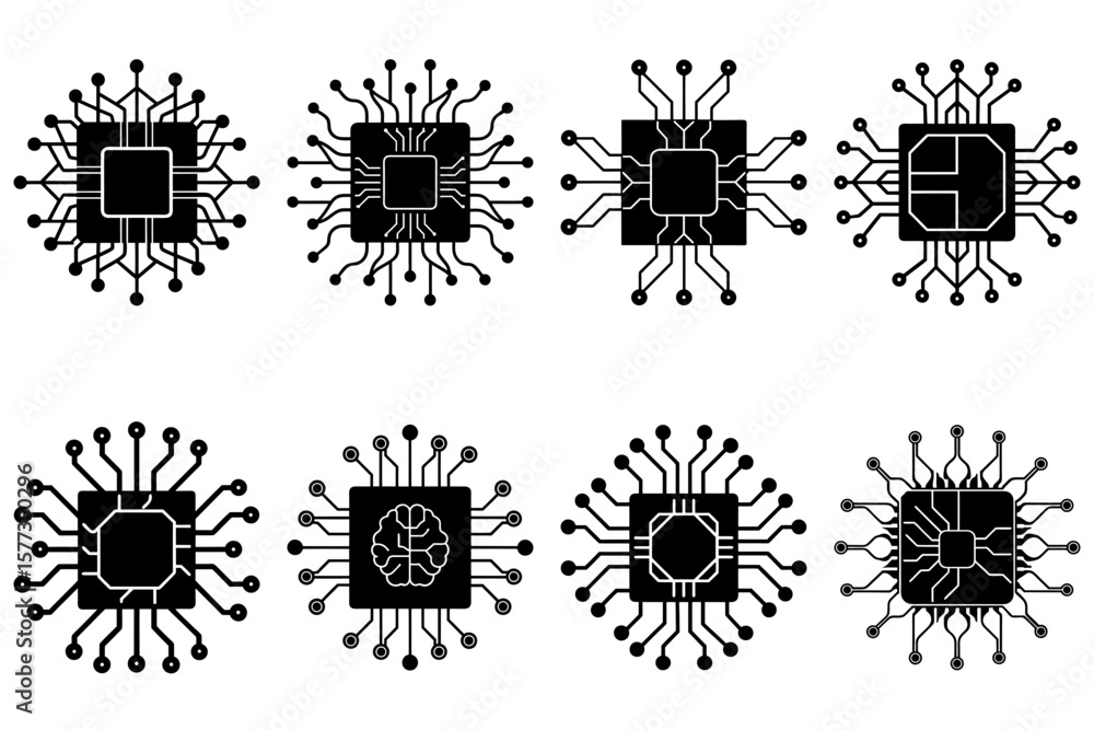 Aufkleber collection of eight black and white computer chip illustrations with various designs and connection 