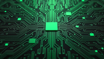 Green circuit board design with intricate patterns  
