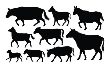 Silhouettes of Various Equine and Bovine Animals Walking Collection Farm Animals Horse Cow Mule Donkey Zebra