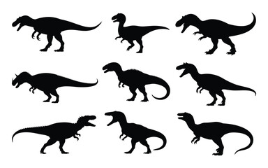 Black Silhouettes of Various Dinosaurs on White Background Different Dinosaur Species Prehistoric Animals Collection Black and White Illustration