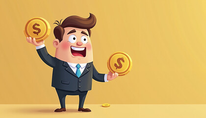 Cartoon businessman celebrating wealth with coins against yellow background

