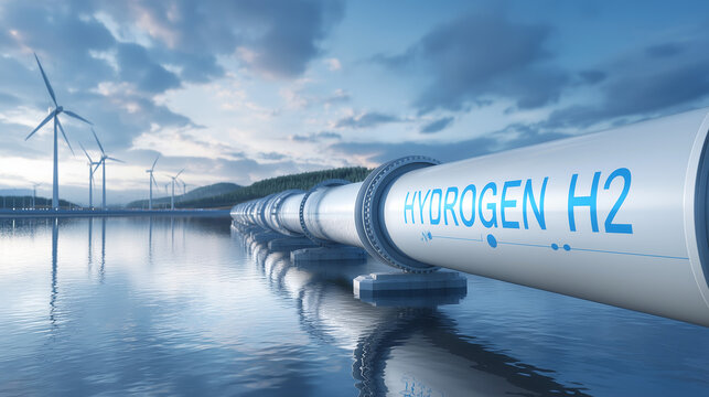 Hydrogen renewable energy production pipeline with blue text "HYDROGEN or H2" - hydrogen gas for clean electricity solar and windturbine facility