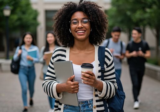 A smiling college student holds a laptop and coffee cup on campus.