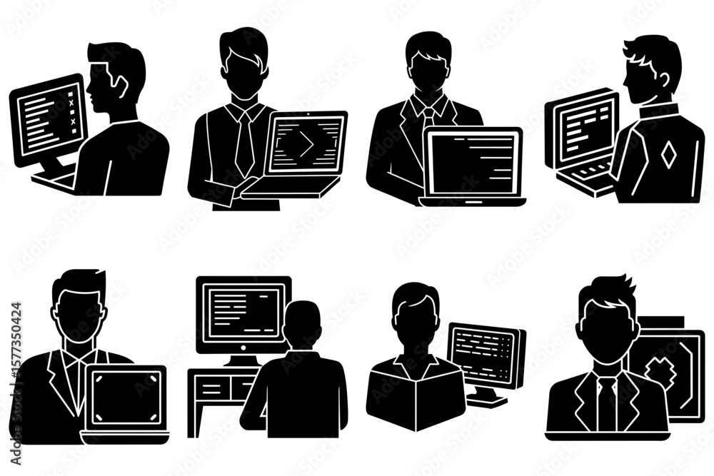 Poster illustration of diverse professionals using laptops and computers in silhouette style design