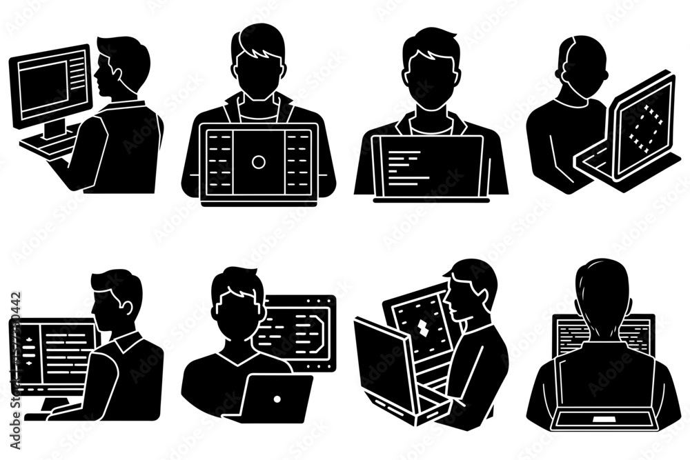 Fototapete silhouettes of people using computers and laptops in various positions and orientations shown here