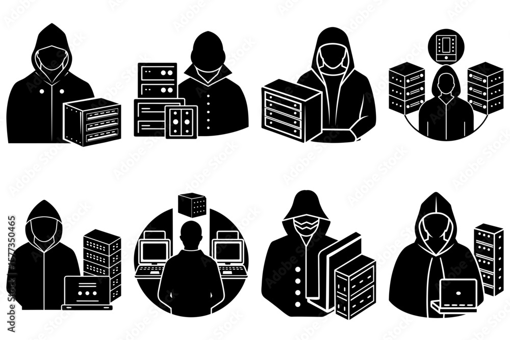 Poster various depictions of hooded figures with servers and computers in a black and white vector graphic