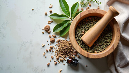 Herbs and spices in wooden bowl with mortar on marble background
