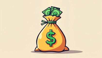 Cartoon money bag with cash
