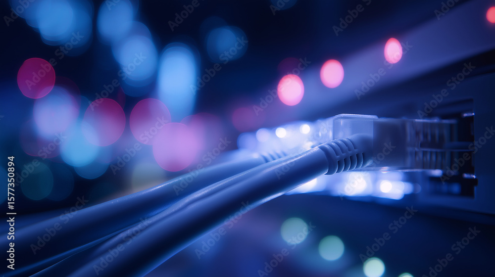 Poster nighttime ethernet cables connected to a switch with led indicators
