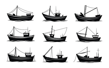 Black Silhouettes of Fishing Boats on White Background Various Designs and Styles of Small Fishing Vessels at Sea