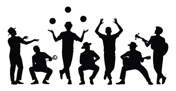 Black Silhouettes of Musicians and Jugglers Performing on White Background  and Showcasing Diverse Musical Instruments and Juggling Balls