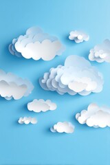 Photo of fluffy white paper clouds float against a blue sky, a creative and dreamy decoration