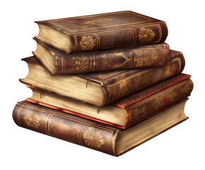 A stack of old, leatherbound books with gold detailing creates a sense of history and knowledge, inviting the viewer to explore the stories within, isolated on transparent background