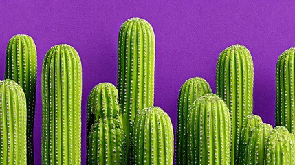A vibrant close up shows a cluster of green saguaro cacti lined up against a textured purple background