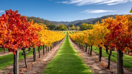 Obraz premium Colorful vineyards rows stretching into the distance in autumn