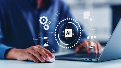 AI assistants support human artificial for data analysis Intelligence technology, man using AI...