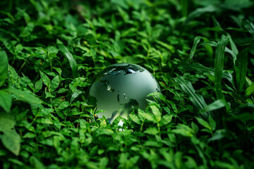 Earth Day and ESG concept, Ecology and sustainable of the environment, Crystal ball on grass in...