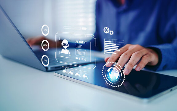 AI assistants support human artificial for data analysis Intelligence technology, man pointing tablet using AI assistant dashboard their goals agentic workflows, advertising, marketing, innovation